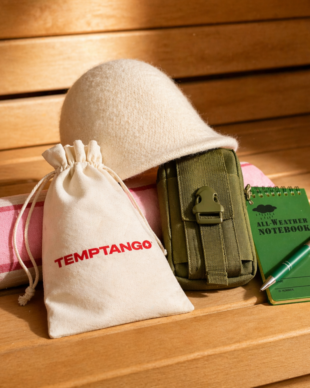 White sauna hat, green waterproof pouch, and green waterproof notebook with pen on a wooden surface with a pink towel, with 'Temptango' branding. 